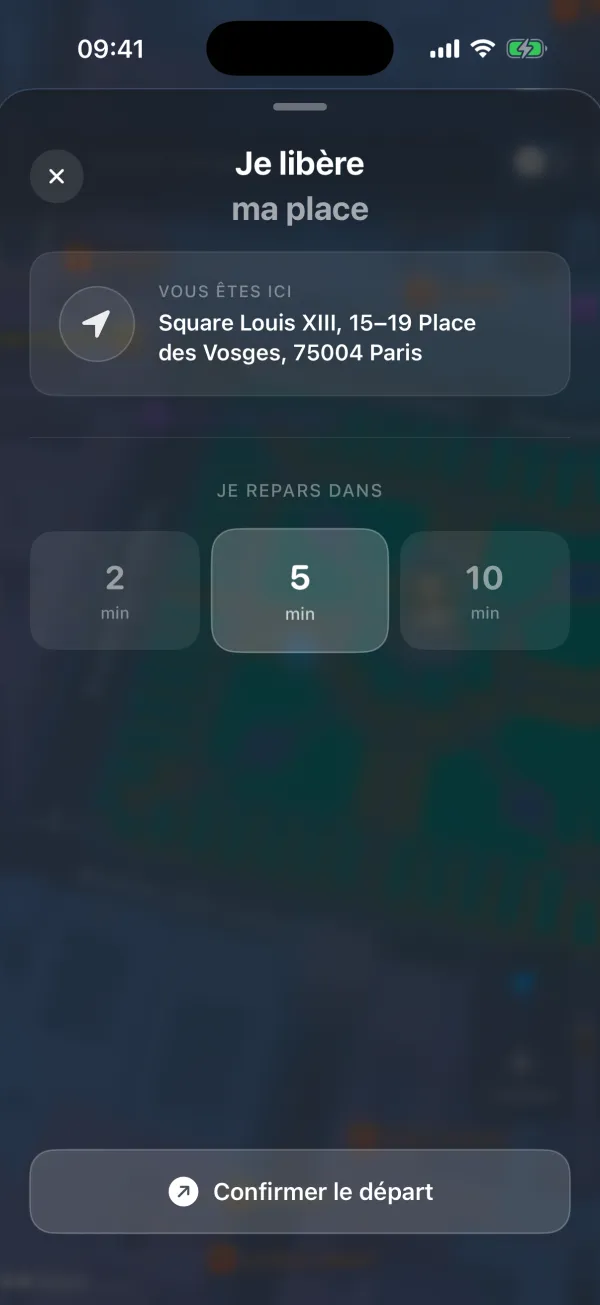 Écran PARKHER pour libérer sa place et choisir son délai de départ.