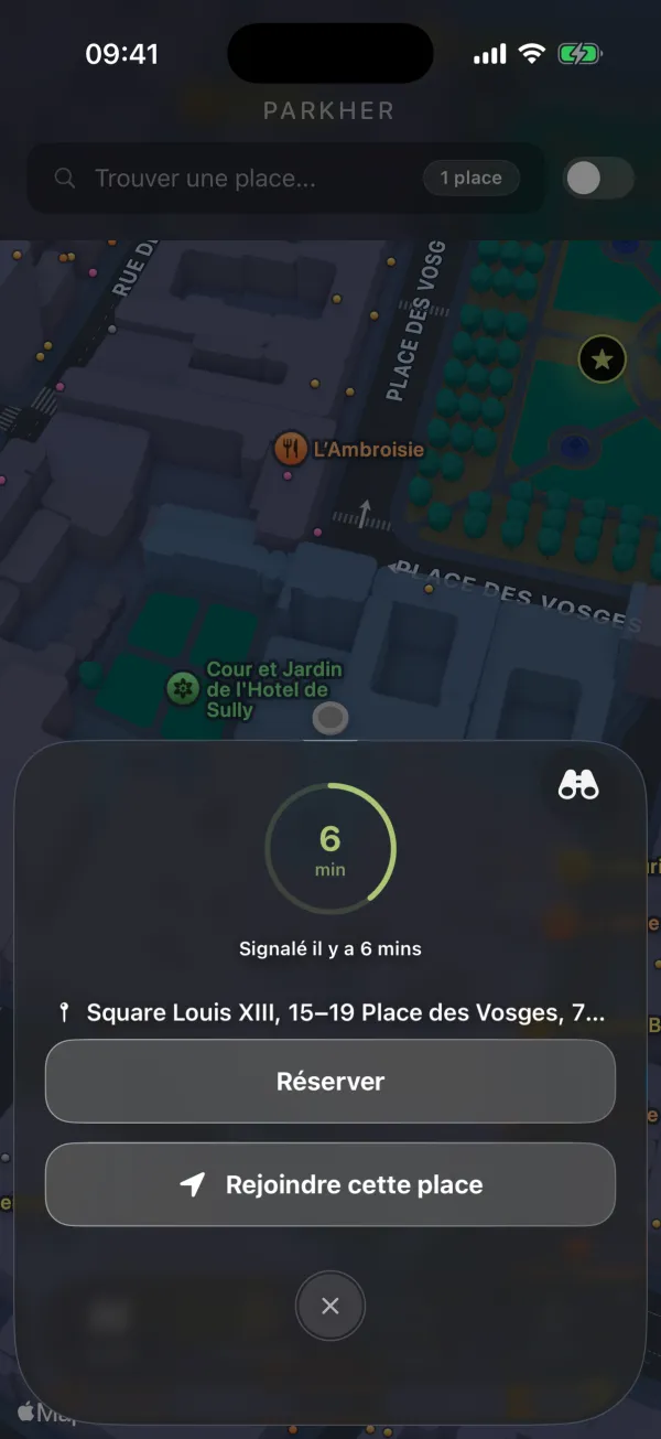 Écran PARKHER présentant une place et les actions Réserver et Rejoindre cette place.