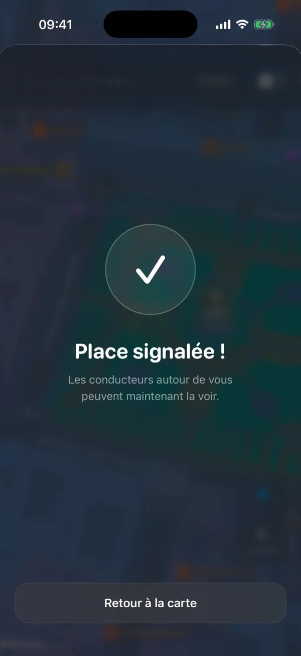 Confirmation PARKHER : place signalée et visible par les conducteurs à proximité.