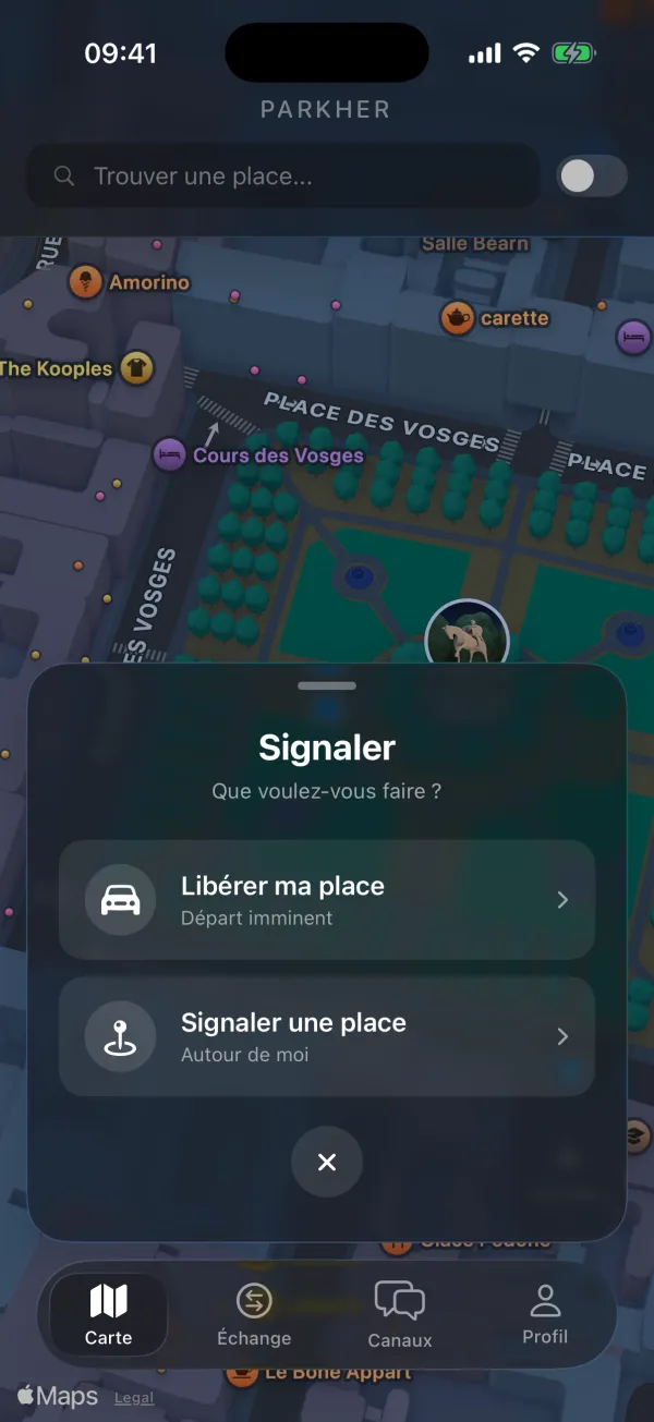 Menu PARKHER permettant de libérer sa place ou de signaler une place à proximité.